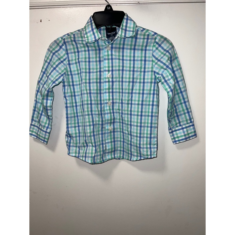 Nautica Boys Blue Green Plaid‎ Long Sleeve Button Down Shirt Size 3T